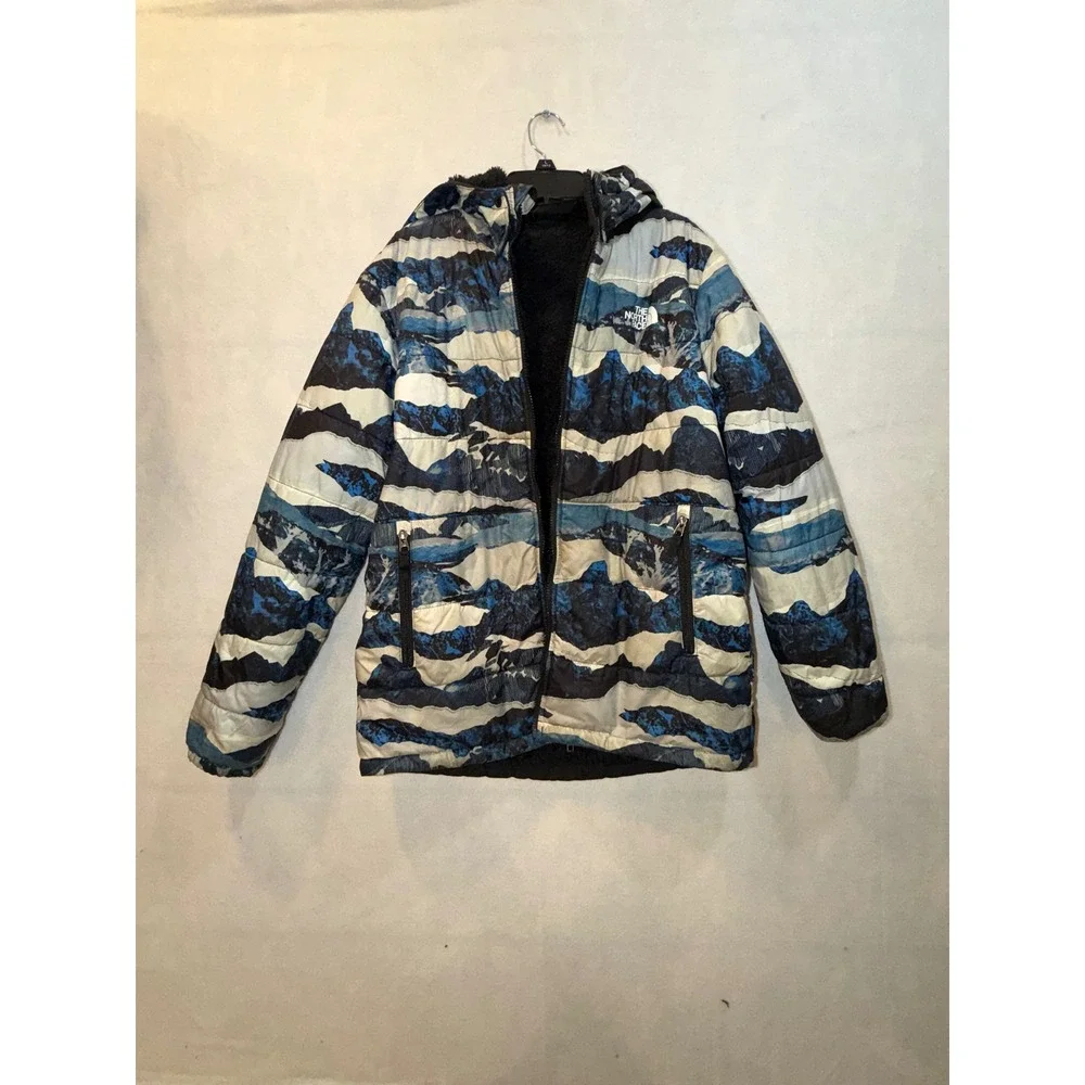 The North Face KidsReversible Fuzzy Fleece Jacket Mountain Print Hood Black14/16